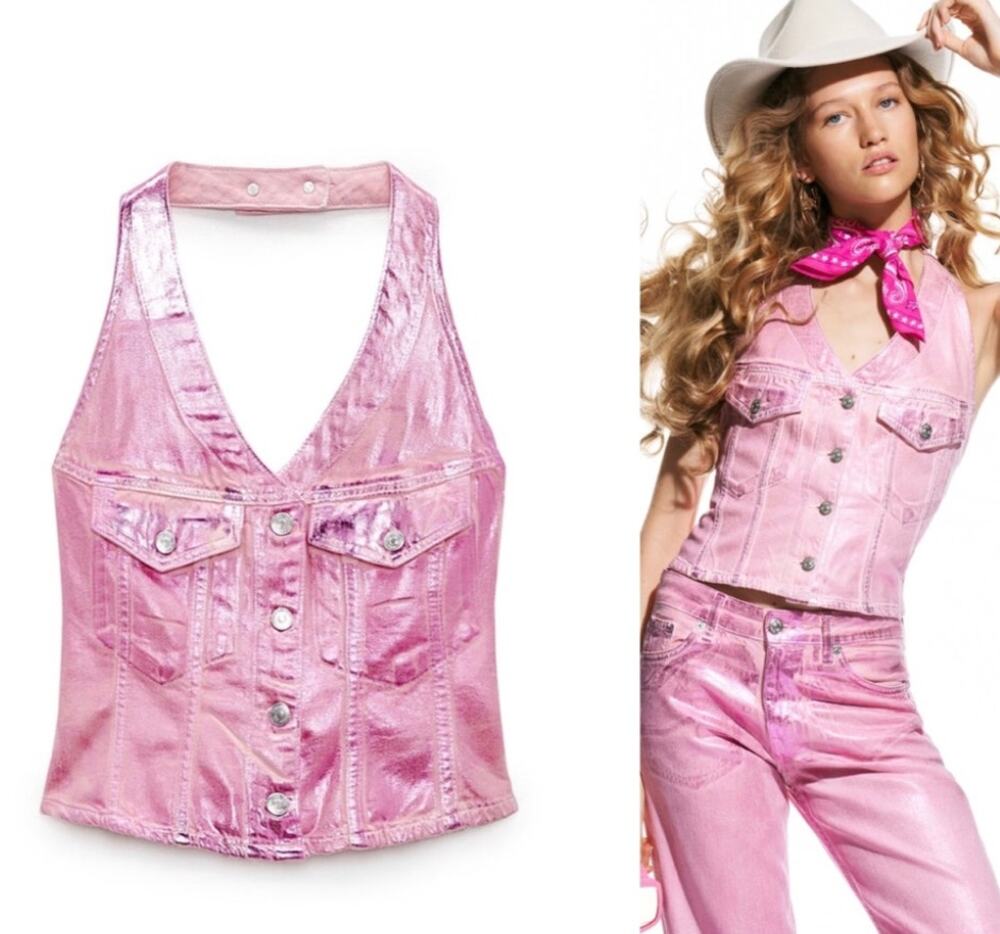 NWT Zara x Barbie The Movie Pink Denim Halter Vest Top Western Y2K Size Large